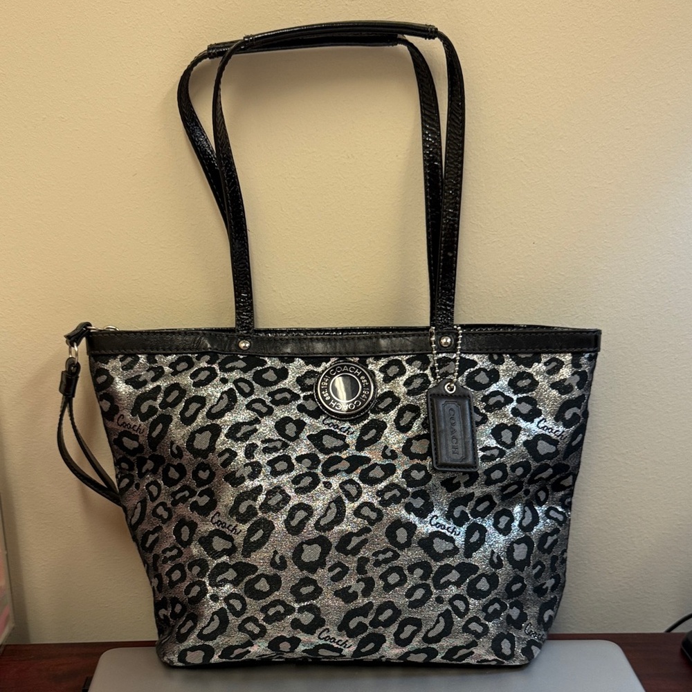 Coach Leopard Print Tote in Black and Silver